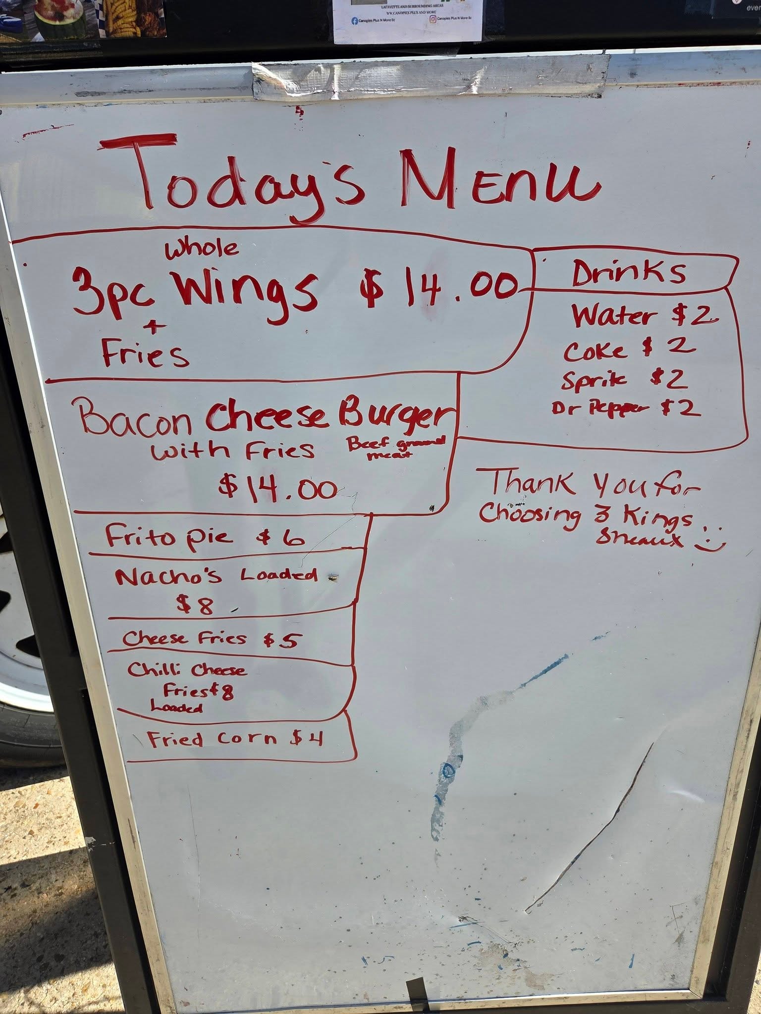 Today's menu board — 3 Kings Sneaux food truck at BFL Guilbeau Road